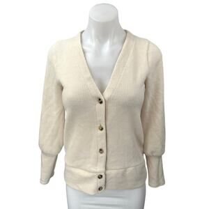 Madewell Cream Ribbed Knit Balloon Sleeve Button Up Cardigan Sweater Top Size XS